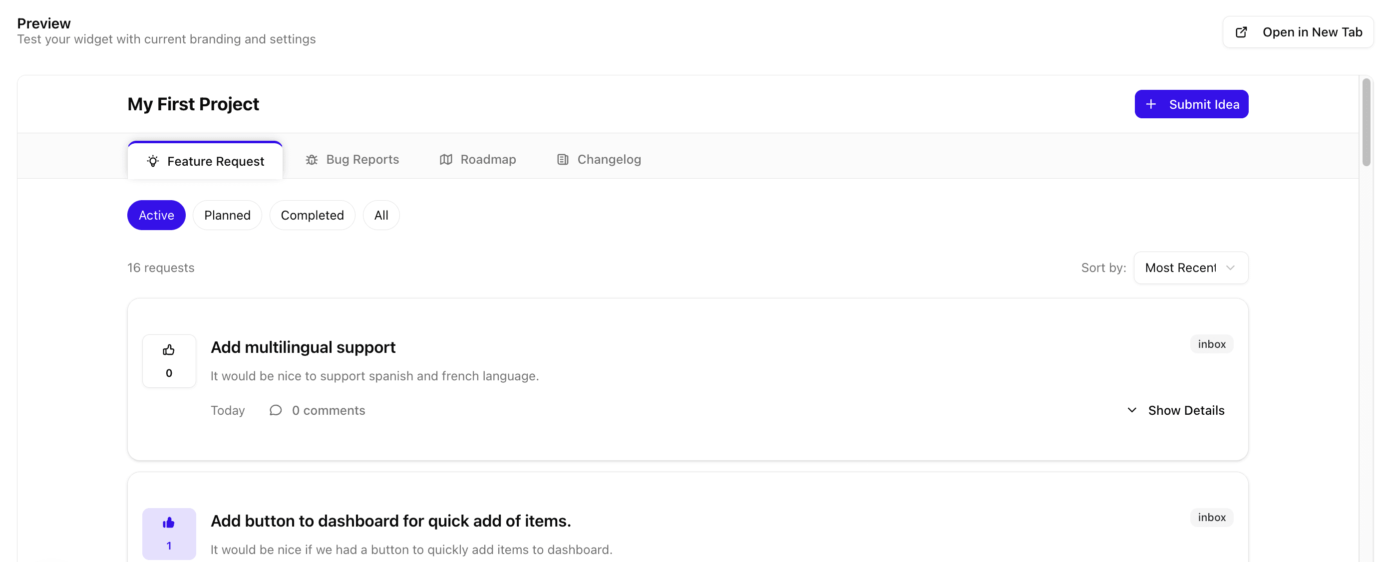 Feature requests interface