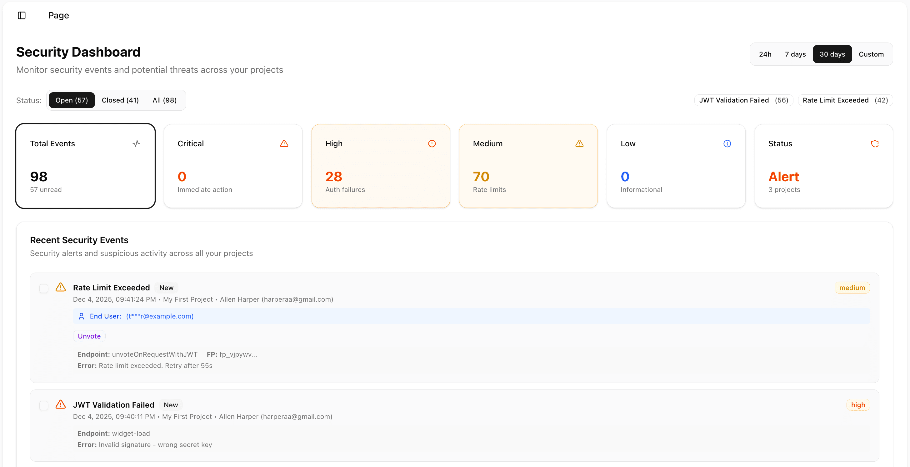 Security dashboard showing event monitoring